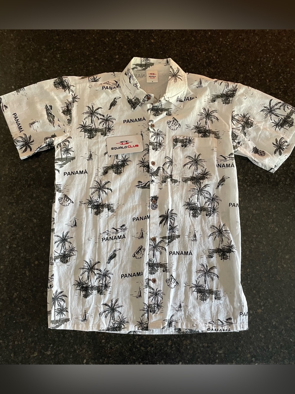 Men’s button-down tropical themed shirt, black & white, medium, NWT.